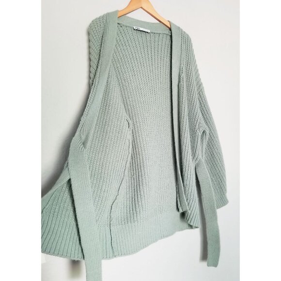 ZARA Sage Green Knit Wrap Tie Belt Cardigan M Sweater Chunky Knit Cozy Soft Long - Picture 9 of 16